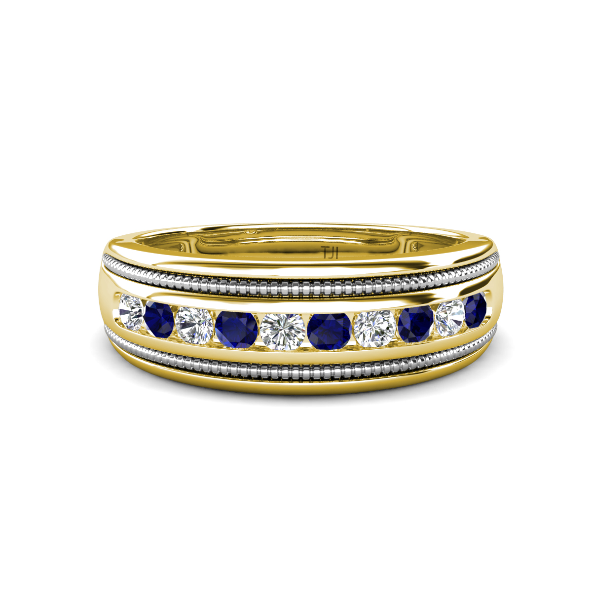 Zaid 0.55 ctw Round Natural Diamond and Blue Sapphire Two Toned and High Polished Edges Men Wedding Band (8 mm) 